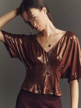 Anthropologie Maeve Shine Pleated Dolman Top, Copper, S